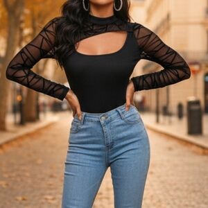 Black Geo Mesh Cut Out Mock Neck Top